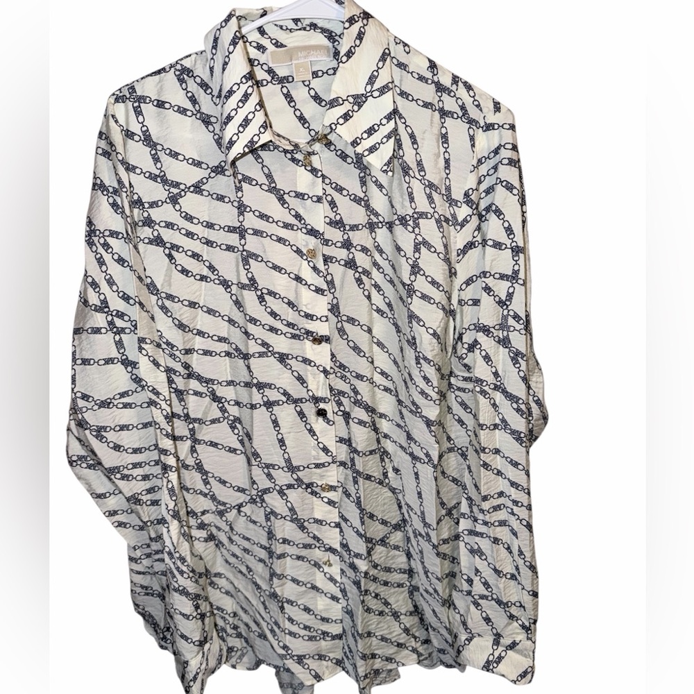 Michael Kors Cream and Blue Chain Print Button Down Shirt